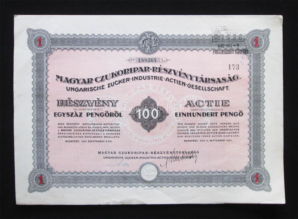 Magyar Czukoripar (cukor) Rt. részvény 100 pengő 1941